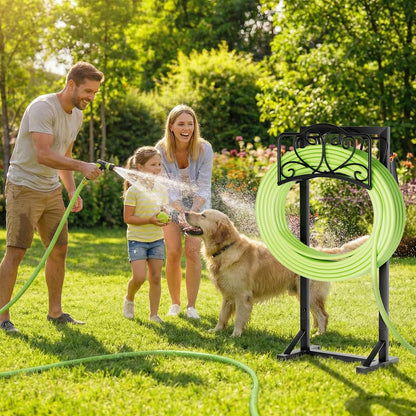 Stable Garden Hose Holder with Storage Basket and Tool Hooks, Heavy-Duty Garden Hose Storage Metal Hose Hanger Holds 160Ft, Rustproof Freestanding Water Hose Holder for Outside,Yard,Lawn,Farm