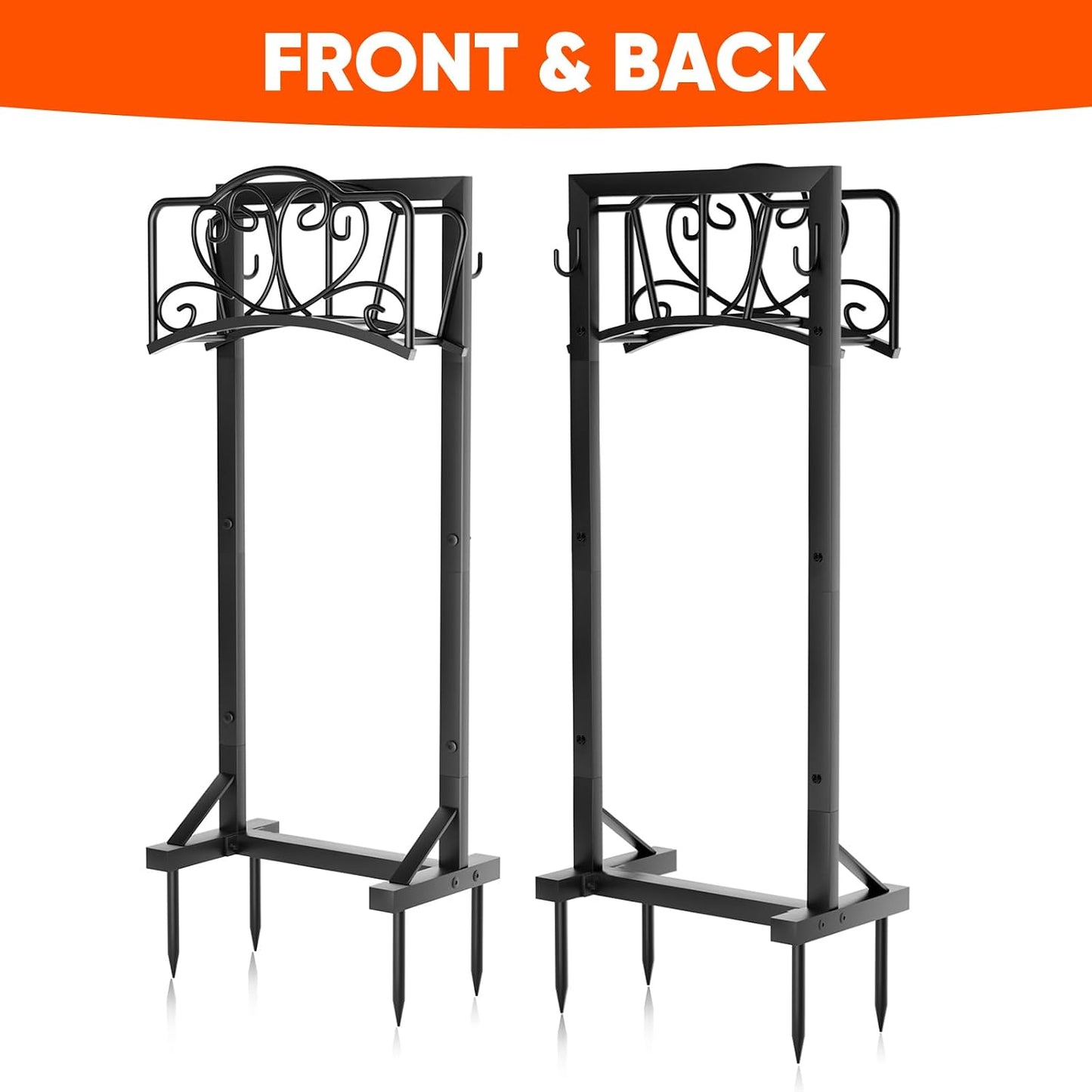Stable Garden Hose Holder with Storage Basket and Tool Hooks, Heavy-Duty Garden Hose Storage Metal Hose Hanger Holds 160Ft, Rustproof Freestanding Water Hose Holder for Outside,Yard,Lawn,Farm