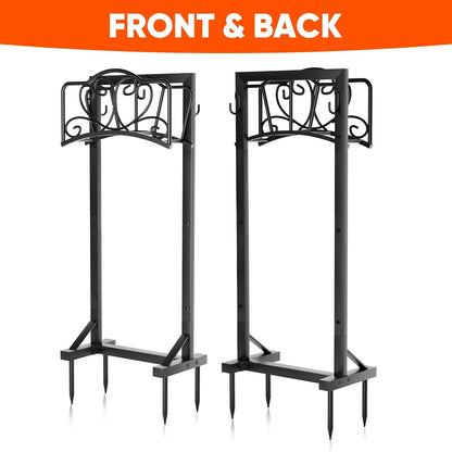 Stable Garden Hose Holder with Storage Basket and Tool Hooks, Heavy-Duty Garden Hose Storage Metal Hose Hanger Holds 160Ft, Rustproof Freestanding Water Hose Holder for Outside,Yard,Lawn,Farm