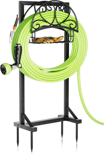 Stable Garden Hose Holder with Storage Basket and Tool Hooks, Heavy-Duty Garden Hose Storage Metal Hose Hanger Holds 160Ft, Rustproof Freestanding Water Hose Holder for Outside,Yard,Lawn,Farm