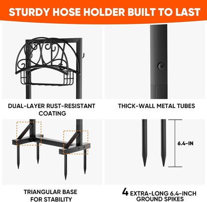 Stable Garden Hose Holder with Storage Basket and Tool Hooks, Heavy-Duty Garden Hose Storage Metal Hose Hanger Holds 160Ft, Rustproof Freestanding Water Hose Holder for Outside,Yard,Lawn,Farm