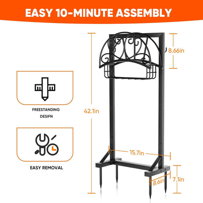 Stable Garden Hose Holder with Storage Basket and Tool Hooks, Heavy-Duty Garden Hose Storage Metal Hose Hanger Holds 160Ft, Rustproof Freestanding Water Hose Holder for Outside,Yard,Lawn,Farm