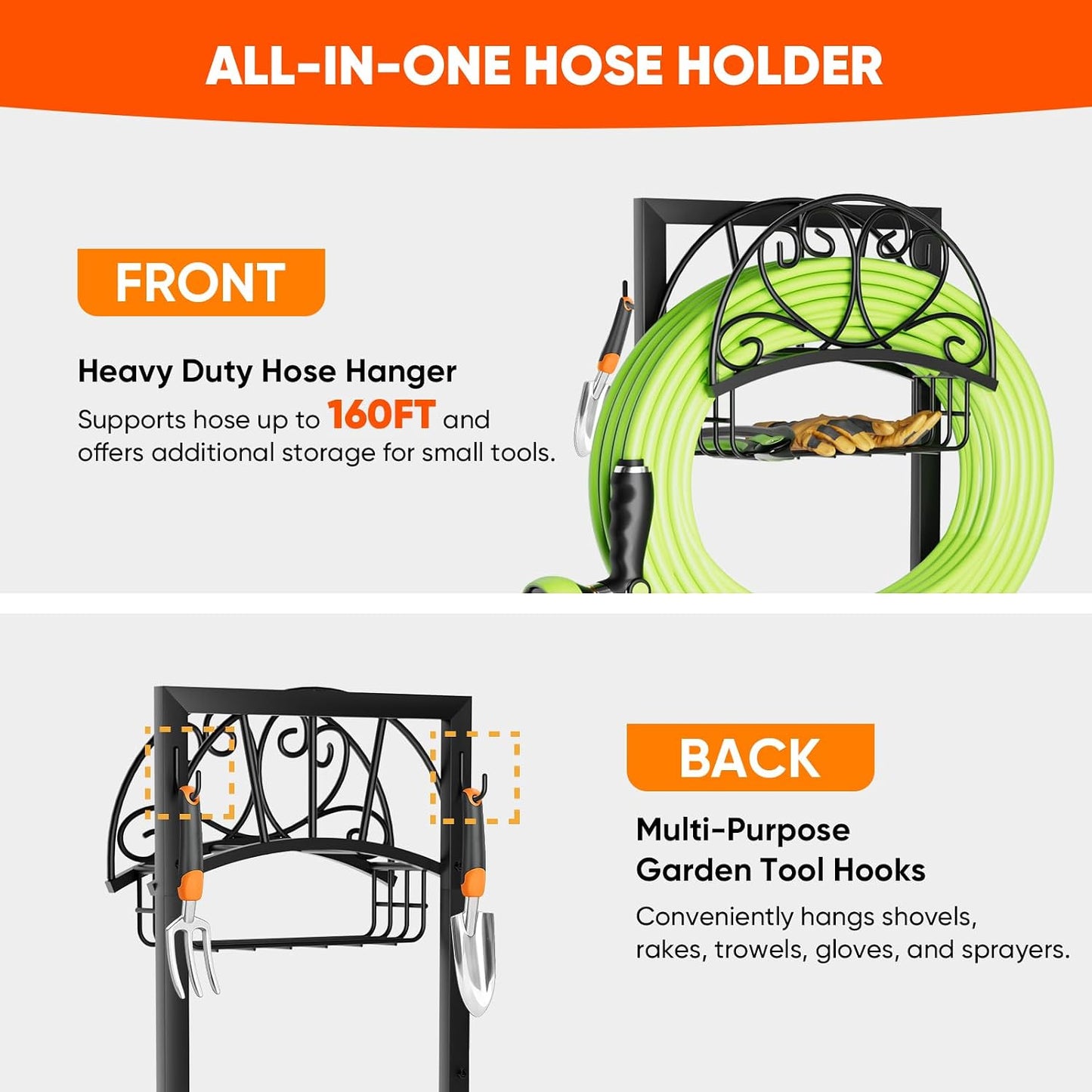 Stable Garden Hose Holder with Storage Basket and Tool Hooks, Heavy-Duty Garden Hose Storage Metal Hose Hanger Holds 160Ft, Rustproof Freestanding Water Hose Holder for Outside,Yard,Lawn,Farm