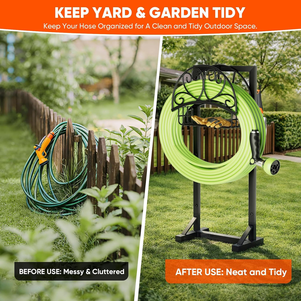 Stable Garden Hose Holder with Storage Basket and Tool Hooks, Heavy-Duty Garden Hose Storage Metal Hose Hanger Holds 160Ft, Rustproof Freestanding Water Hose Holder for Outside,Yard,Lawn,Farm