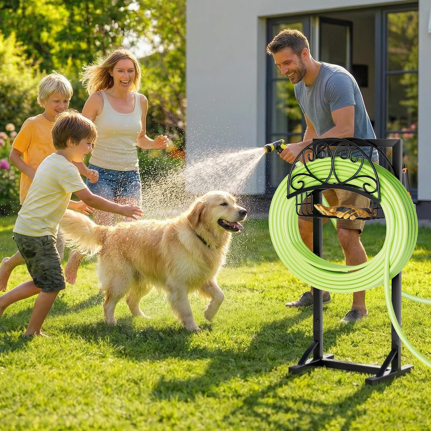Stable Garden Hose Holder with Storage Basket and Tool Hooks, Heavy-Duty Garden Hose Storage Metal Hose Hanger Holds 160Ft, Rustproof Freestanding Water Hose Holder for Outside,Yard,Lawn,Farm