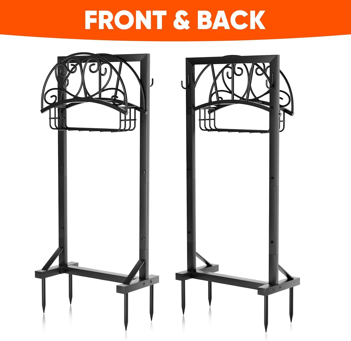 Stable Garden Hose Holder with Storage Basket and Tool Hooks, Heavy-Duty Garden Hose Storage Metal Hose Hanger Holds 160Ft, Rustproof Freestanding Water Hose Holder for Outside,Yard,Lawn,Farm