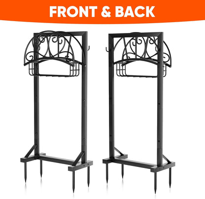 Stable Garden Hose Holder with Storage Basket and Tool Hooks, Heavy-Duty Garden Hose Storage Metal Hose Hanger Holds 160Ft, Rustproof Freestanding Water Hose Holder for Outside,Yard,Lawn,Farm