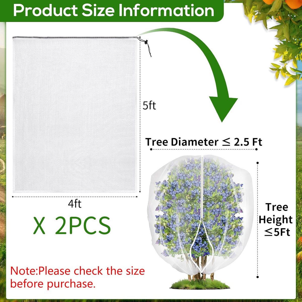 2PCS Large 7.8 x 7.8ft Fruit Tree Netting Cover with Zipper and Drawstring,Garden Insect Netting Plant Cover Transparent Bird Plant Barrier Flower Fruit Mesh Screen for Preventing Deer Squirrel Bugs
