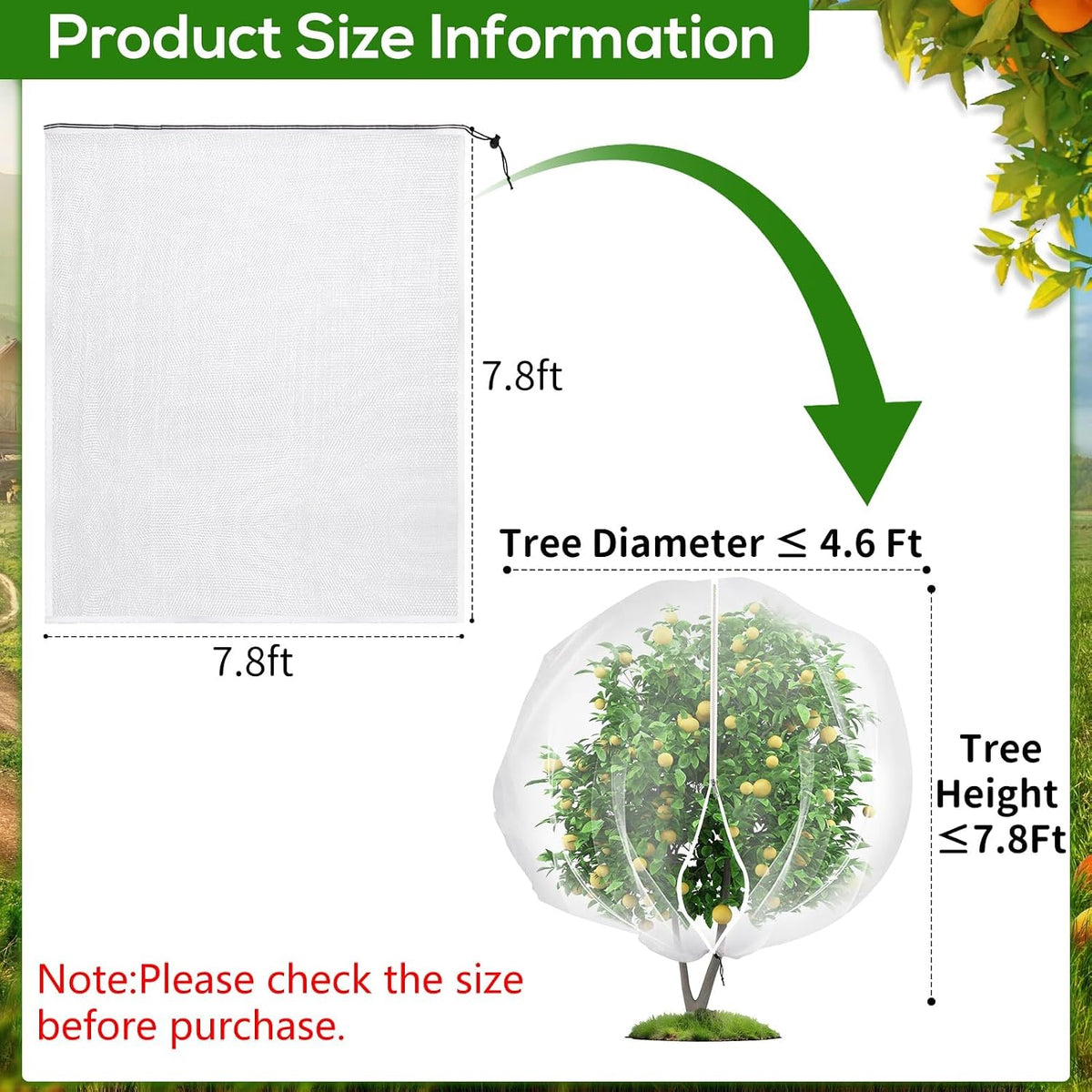 2PCS Large 7.8 x 7.8ft Fruit Tree Netting Cover with Zipper and Drawstring,Garden Insect Netting Plant Cover Transparent Bird Plant Barrier Flower Fruit Mesh Screen for Preventing Deer Squirrel Bugs