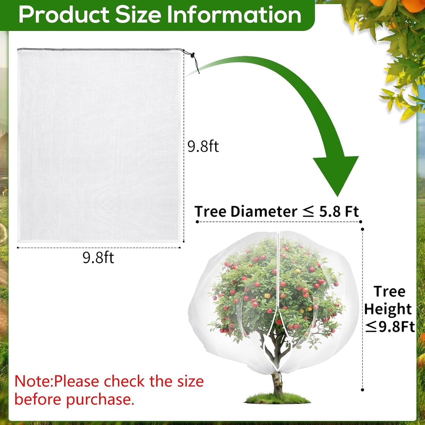 2PCS Large 7.8 x 7.8ft Fruit Tree Netting Cover with Zipper and Drawstring,Garden Insect Netting Plant Cover Transparent Bird Plant Barrier Flower Fruit Mesh Screen for Preventing Deer Squirrel Bugs