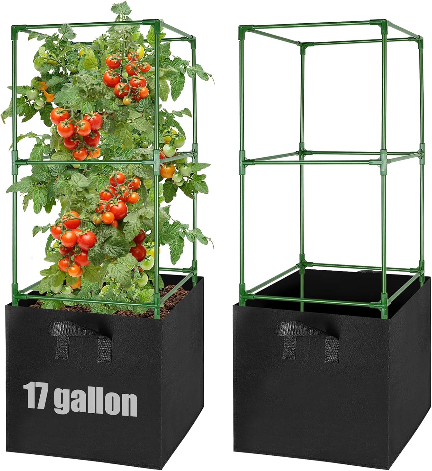 Sturdy Square Tomato Cage with Movable 17 Gal Grow Bags, 2 Sets