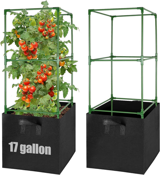 Sturdy Square Tomato Cage with Movable 17 Gal Grow Bags, 2 Sets