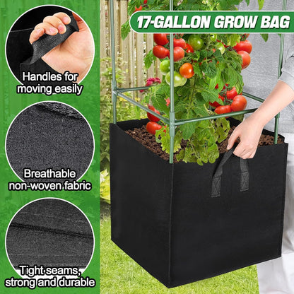 Sturdy Square Tomato Cage with Movable 17 Gal Grow Bags, 2 Sets