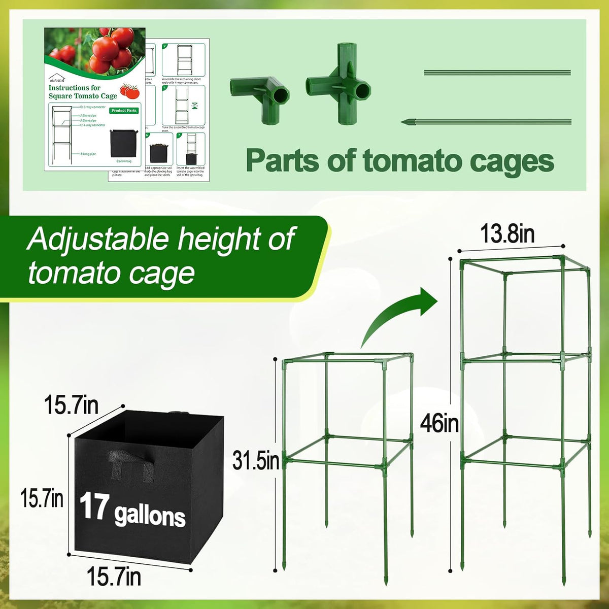 Sturdy Square Tomato Cage with Movable 17 Gal Grow Bags, 2 Sets