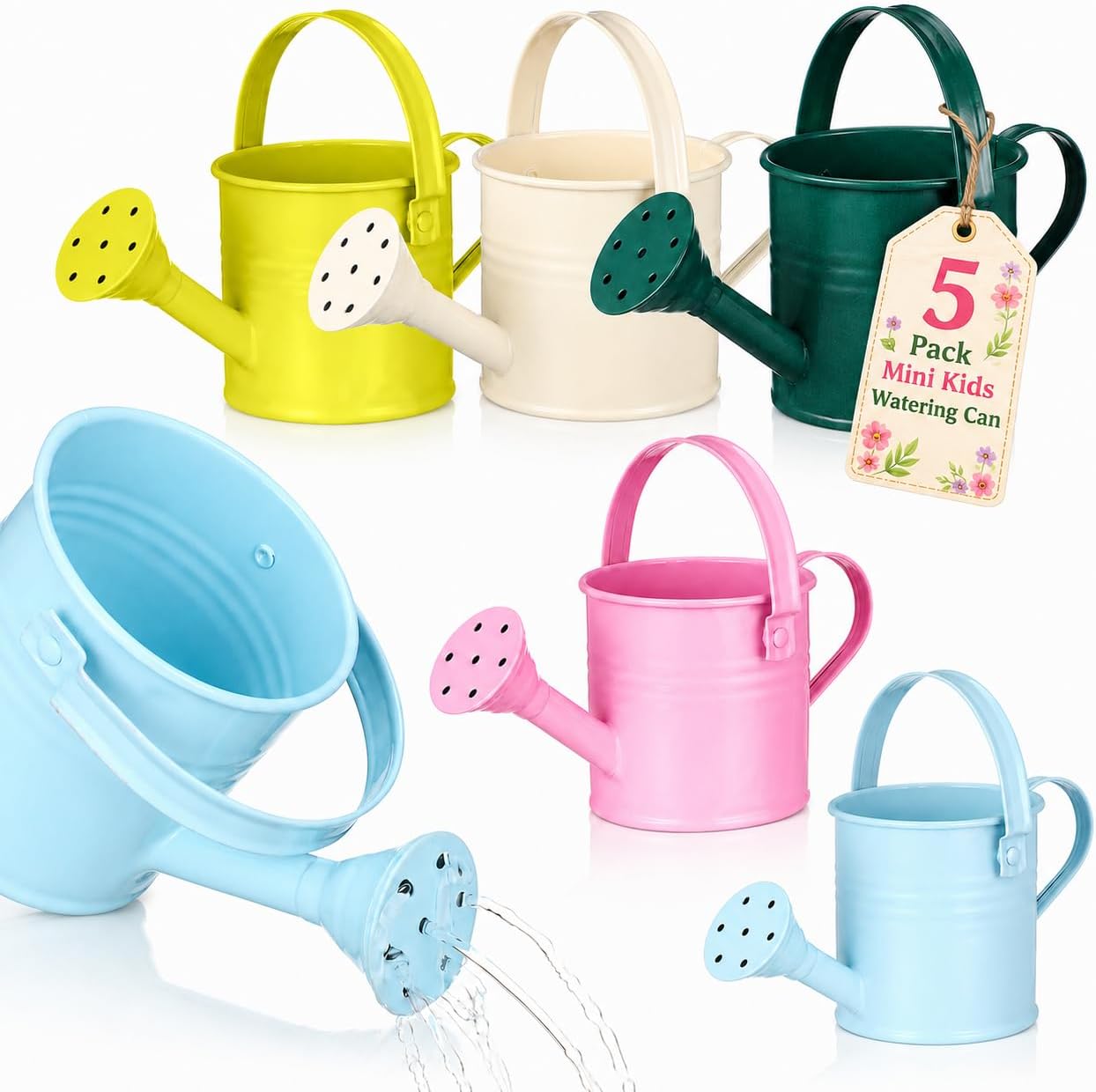 5Pcs Mini Kids Watering Can Set, Small Metal Watering Cans with Long Spout for Indoor Plants, Garden Play, Patio Flowers, Balcony Pots, Toddlers, Random Colors