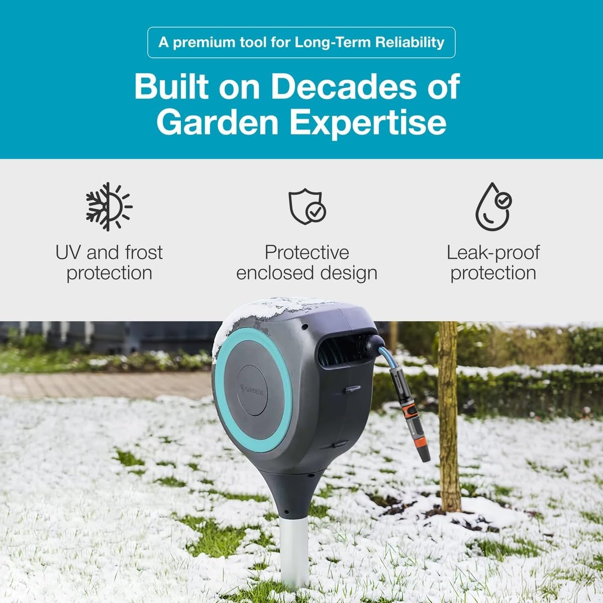 Automatic Retractable Garden Hose Reel - 66 Feet - 360 Degree Swivel Outdoor Hose Reel with Metal Spike Base - Auto Retract - UV Resistant Housing - Easy Install No Tools Required - 18614