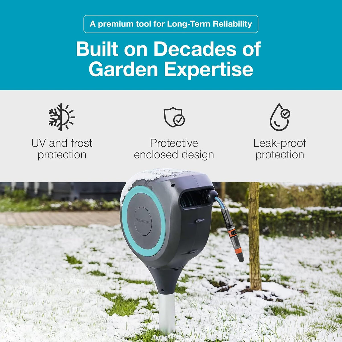 Automatic Retractable Garden Hose Reel - 66 Feet - 360 Degree Swivel Outdoor Hose Reel with Metal Spike Base - Auto Retract - UV Resistant Housing - Easy Install No Tools Required - 18614