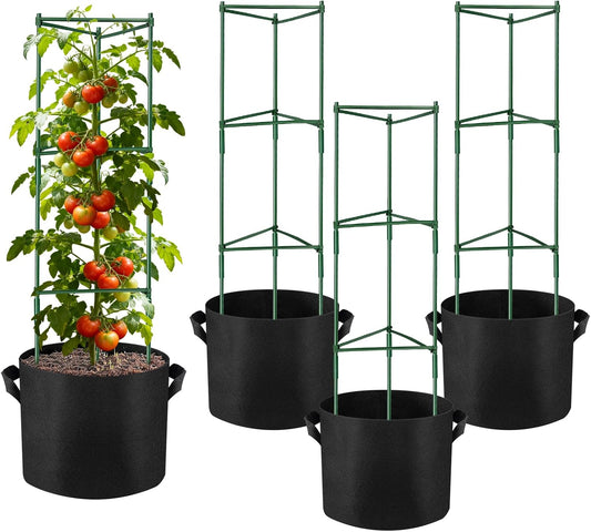 2 Pack 48 Inch Tomato Cages with 10 Gallon Grow Bags for Plant Support