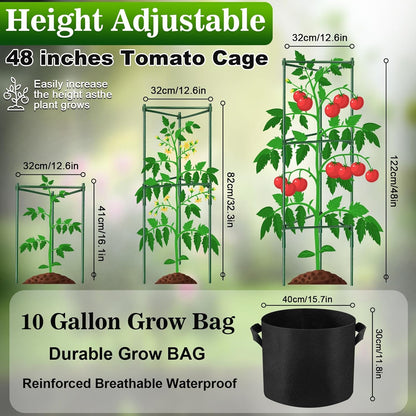 2 Pack 48 Inch Tomato Cages with 10 Gallon Grow Bags for Plant Support