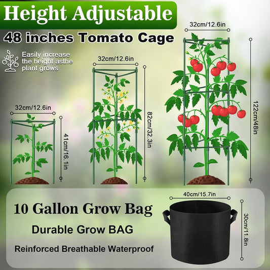 2 Pack 48 Inch Tomato Cages with 10 Gallon Grow Bags for Plant Support