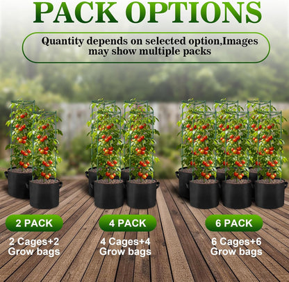2 Pack 48 Inch Tomato Cages with 10 Gallon Grow Bags for Plant Support
