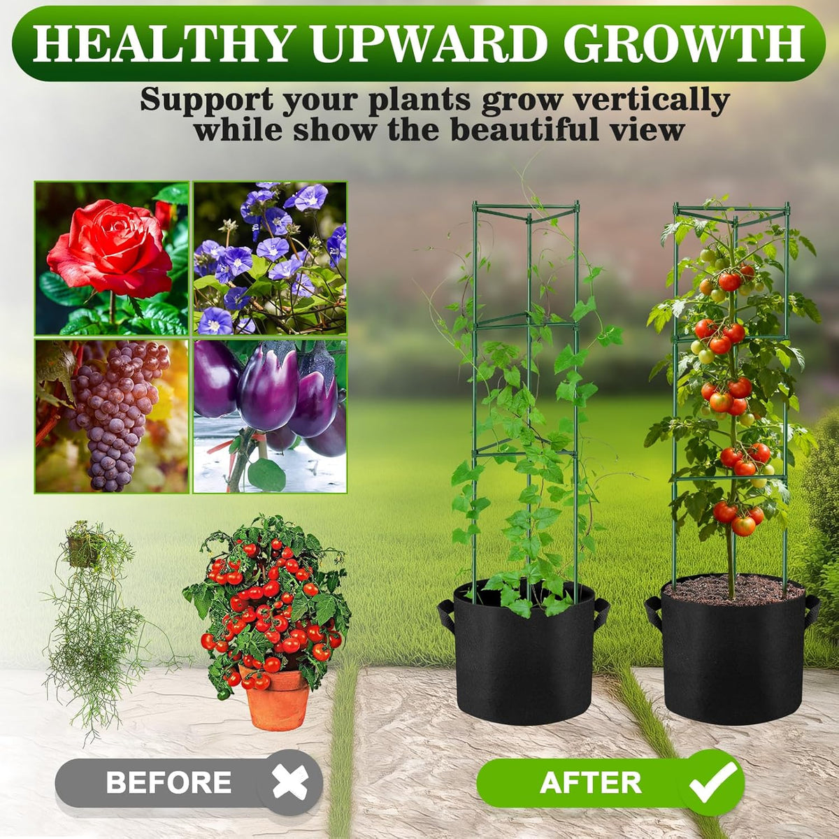 2 Pack 48 Inch Tomato Cages with 10 Gallon Grow Bags for Plant Support