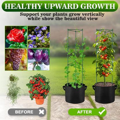 2 Pack 48 Inch Tomato Cages with 10 Gallon Grow Bags for Plant Support