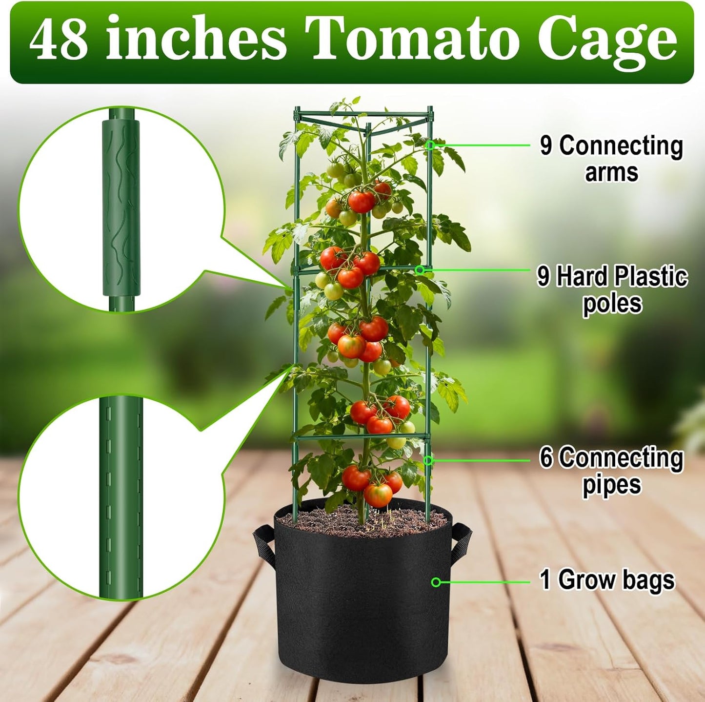 2 Pack 48 Inch Tomato Cages with 10 Gallon Grow Bags for Plant Support