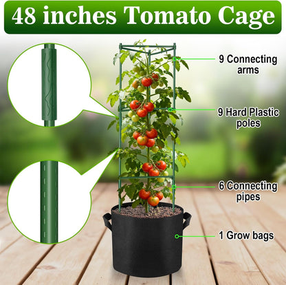 2 Pack 48 Inch Tomato Cages with 10 Gallon Grow Bags for Plant Support