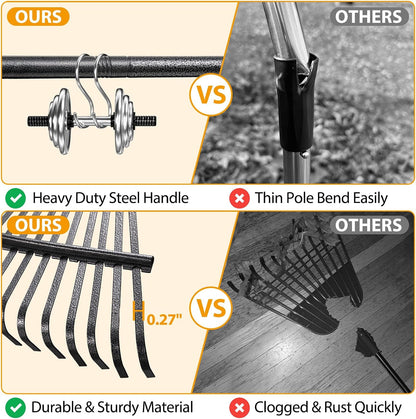 Rake, Garden Leaf Rakes for Lawns Heavy Duty, Yard Metal Rake Tools with 9" Small Narrow Rake Head, 65” Adjustable Long Handle, 11 Steel Tines, Quick Clean up Rake for Shrub, Flower Bed, Camping