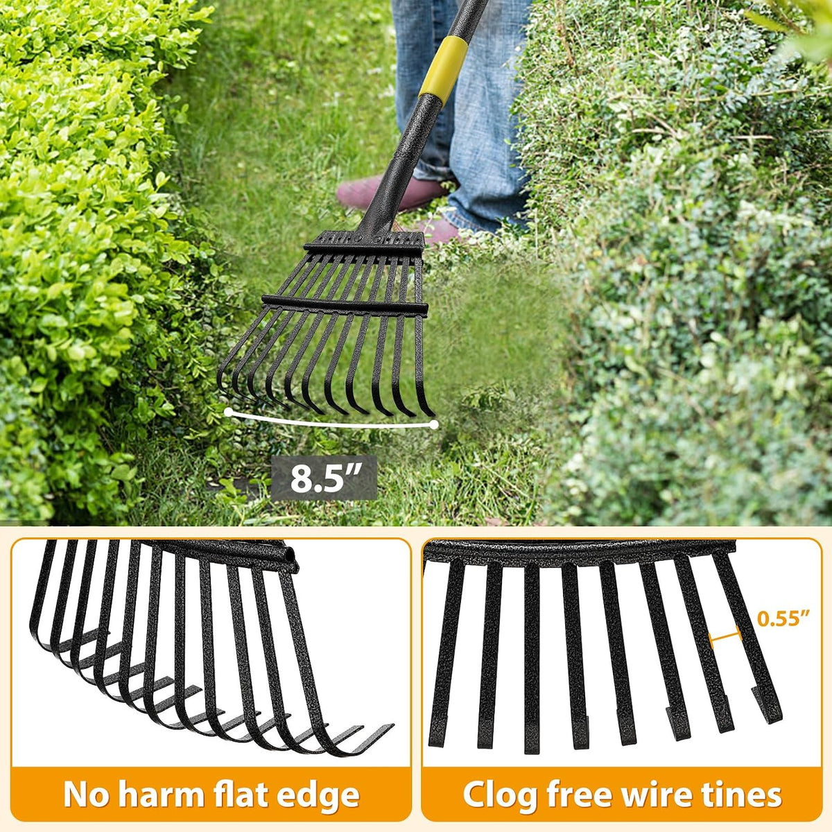 Rake, Garden Leaf Rakes for Lawns Heavy Duty, Yard Metal Rake Tools with 9" Small Narrow Rake Head, 65” Adjustable Long Handle, 11 Steel Tines, Quick Clean up Rake for Shrub, Flower Bed, Camping