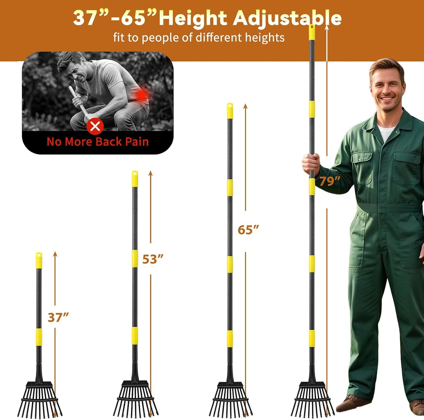 Rake, Garden Leaf Rakes for Lawns Heavy Duty, Yard Metal Rake Tools with 9" Small Narrow Rake Head, 65” Adjustable Long Handle, 11 Steel Tines, Quick Clean up Rake for Shrub, Flower Bed, Camping