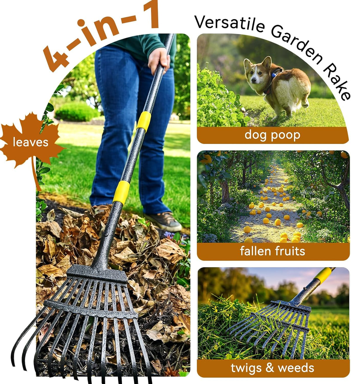 Rake, Garden Leaf Rakes for Lawns Heavy Duty, Yard Metal Rake Tools with 9" Small Narrow Rake Head, 65” Adjustable Long Handle, 11 Steel Tines, Quick Clean up Rake for Shrub, Flower Bed, Camping