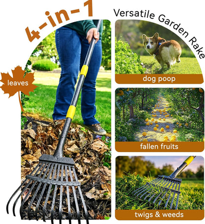 Rake, Garden Leaf Rakes for Lawns Heavy Duty, Yard Metal Rake Tools with 9" Small Narrow Rake Head, 65” Adjustable Long Handle, 11 Steel Tines, Quick Clean up Rake for Shrub, Flower Bed, Camping