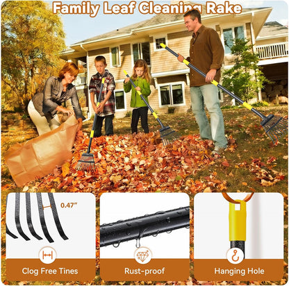 Rake, Garden Leaf Rakes for Lawns Heavy Duty, Yard Metal Rake Tools with 9" Small Narrow Rake Head, 65” Adjustable Long Handle, 11 Steel Tines, Quick Clean up Rake for Shrub, Flower Bed, Camping