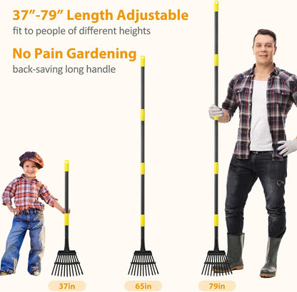 Rake, Garden Leaf Rakes for Lawns Heavy Duty, Yard Metal Rake Tools with 9" Small Narrow Rake Head, 65” Adjustable Long Handle, 11 Steel Tines, Quick Clean up Rake for Shrub, Flower Bed, Camping