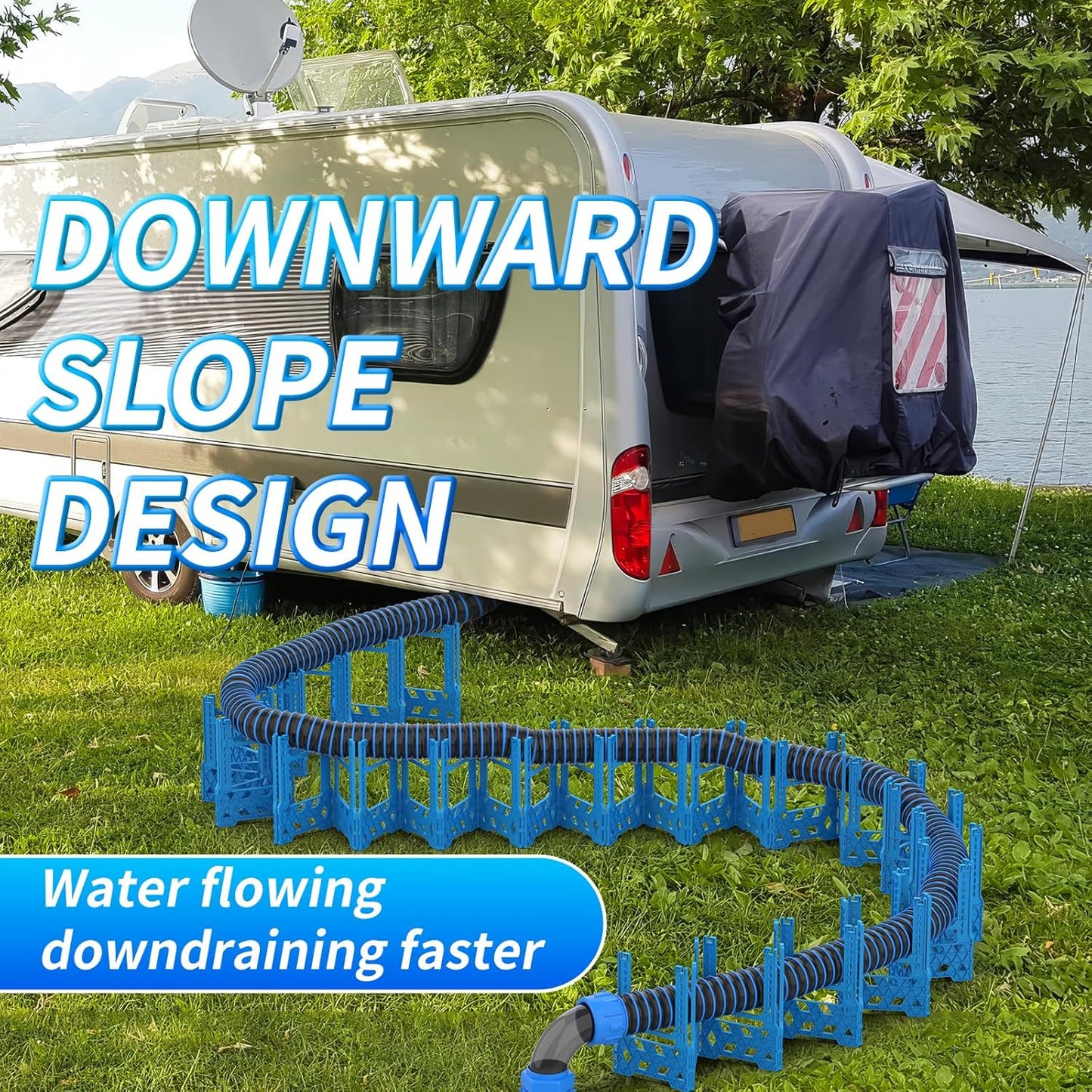 RV Sewer Hose Support 20FT with Secure Rubber Band & Carry Strap, RV Sewer Hose Holder Adjust Height for Travel Trailers, RV, Campers | Avoiding Obstacles & Deep Cradles, Quick Setup/Collapse