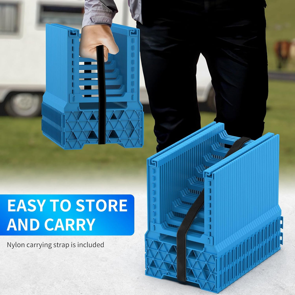 RV Sewer Hose Support 20FT with Secure Rubber Band & Carry Strap, RV Sewer Hose Holder Adjust Height for Travel Trailers, RV, Campers | Avoiding Obstacles & Deep Cradles, Quick Setup/Collapse