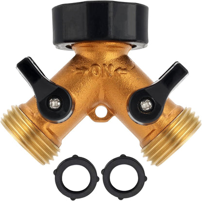 A30008-D Brass Hose Y Connector Brass Garden Hose Adapter, Garden Hose Splitter 2 Way Heavy Duty, Hose Bib Splitter with 2 Extra Rubber Washers-2PACK