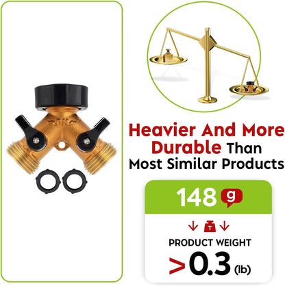 A30008-D Brass Hose Y Connector Brass Garden Hose Adapter, Garden Hose Splitter 2 Way Heavy Duty, Hose Bib Splitter with 2 Extra Rubber Washers-2PACK