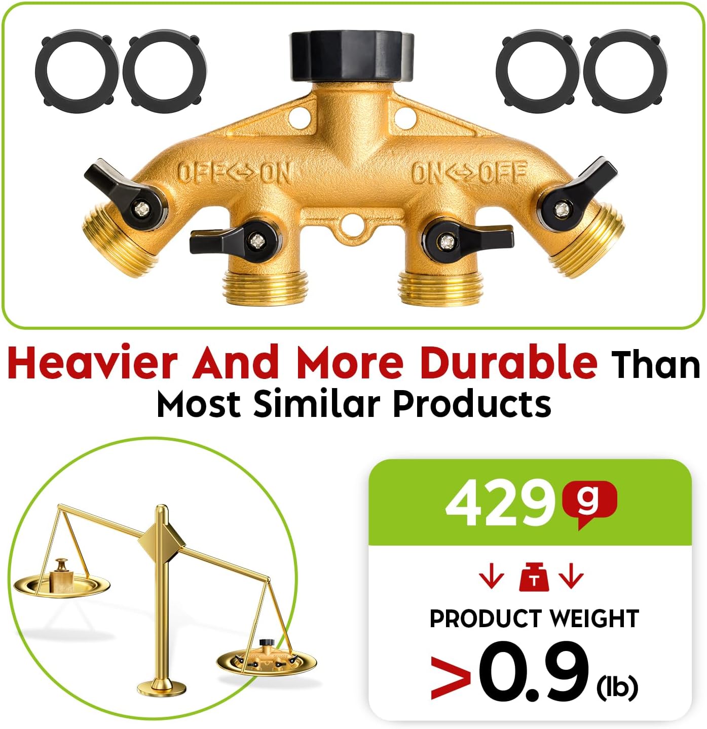 A30008-D Brass Hose Y Connector Brass Garden Hose Adapter, Garden Hose Splitter 2 Way Heavy Duty, Hose Bib Splitter with 2 Extra Rubber Washers-2PACK
