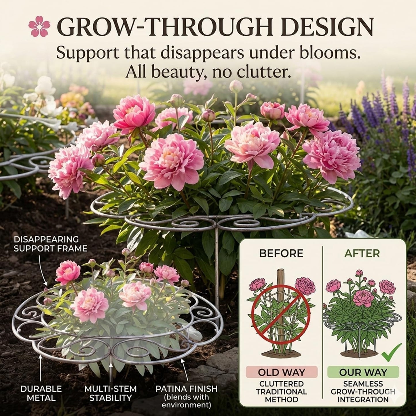 Metal Plant Support Ring for Garden, Peony Cages and Supports, Indoor/Outdoor Plants Wire Hoop, Stackable Houseplant Stake for Climbing Plants Vines Peonies Tomatoes (L)