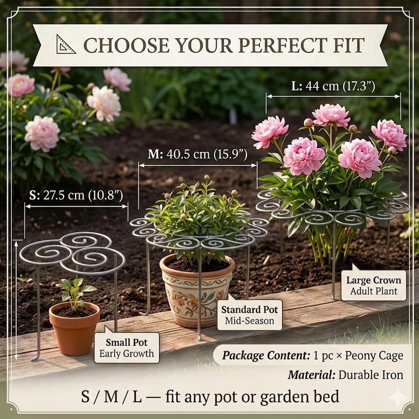 Metal Plant Support Ring for Garden, Peony Cages and Supports, Indoor/Outdoor Plants Wire Hoop, Stackable Houseplant Stake for Climbing Plants Vines Peonies Tomatoes (L)