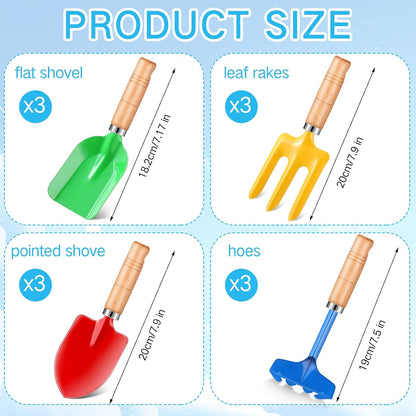 12 Pcs 8" Kids Gardening Tools, Metal Beach Sandbox Digging Toys with Wooden Handle, Including Shovel, Rake, Fork and Trowel, Garden Sand Snow Tools for Children Gift Outdoor Gardening