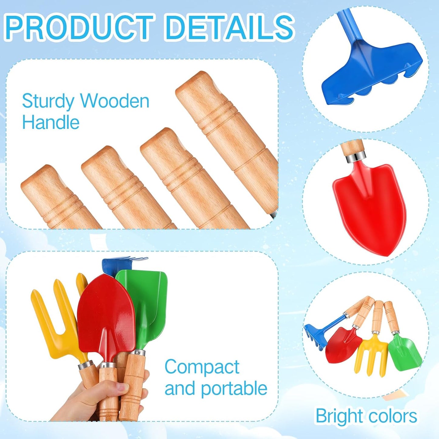 12 Pcs 8" Kids Gardening Tools, Metal Beach Sandbox Digging Toys with Wooden Handle, Including Shovel, Rake, Fork and Trowel, Garden Sand Snow Tools for Children Gift Outdoor Gardening