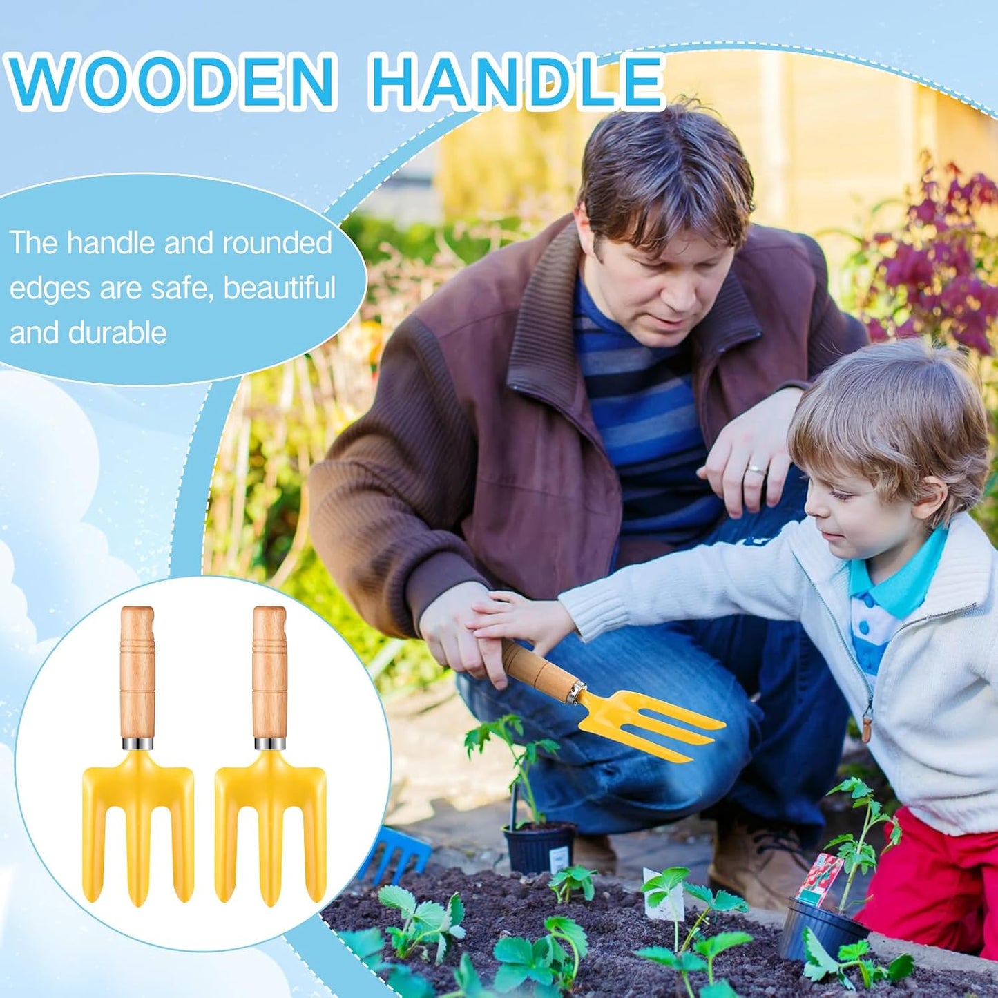 12 Pcs 8" Kids Gardening Tools, Metal Beach Sandbox Digging Toys with Wooden Handle, Including Shovel, Rake, Fork and Trowel, Garden Sand Snow Tools for Children Gift Outdoor Gardening