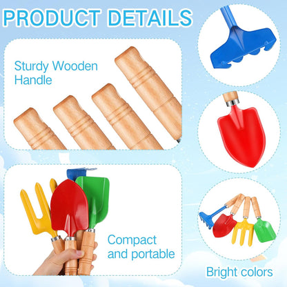 12 Pcs 8" Kids Gardening Tools, Metal Beach Sandbox Digging Toys with Wooden Handle, Including Shovel, Rake, Fork and Trowel, Garden Sand Snow Tools for Children Gift Outdoor Gardening
