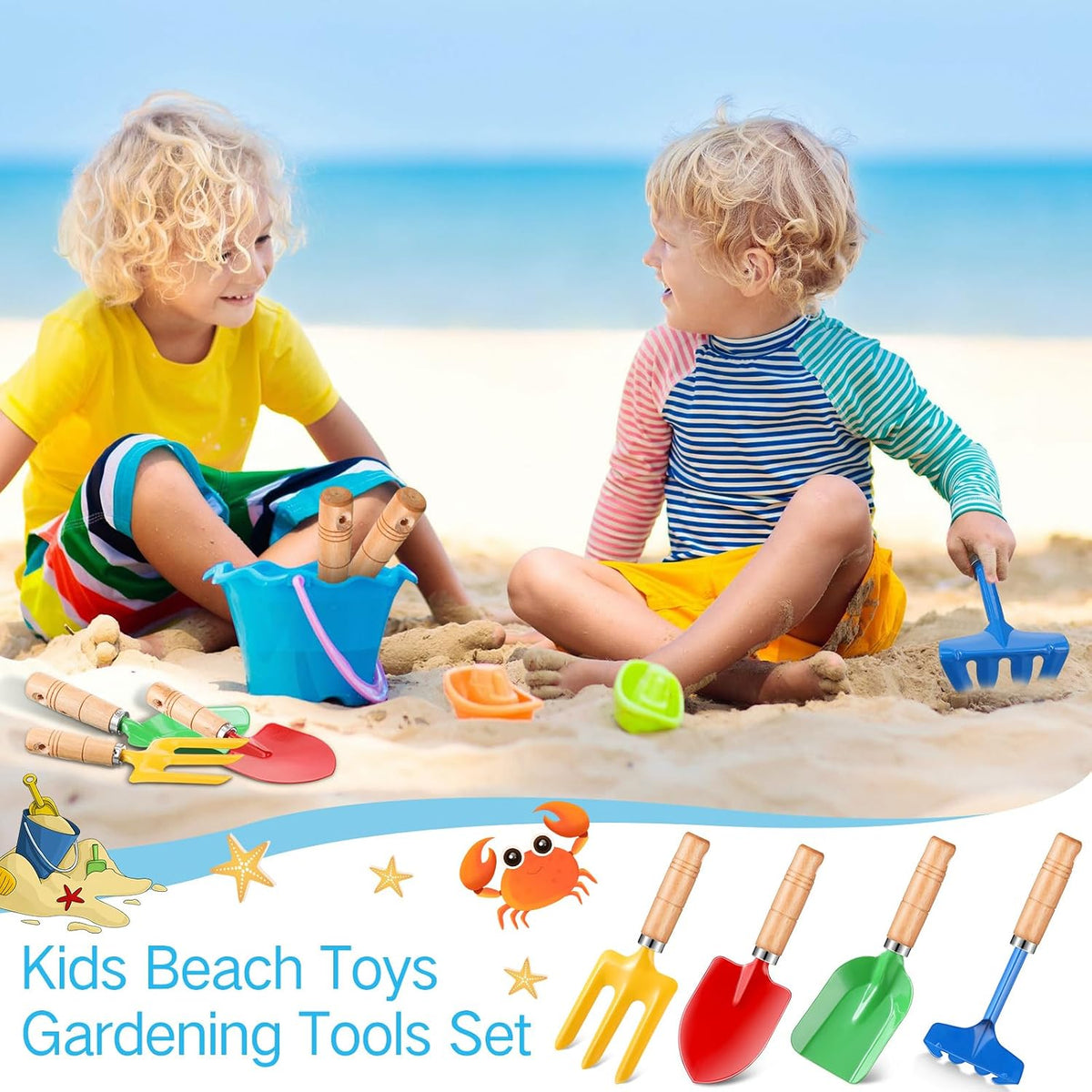 12 Pcs 8" Kids Gardening Tools, Metal Beach Sandbox Digging Toys with Wooden Handle, Including Shovel, Rake, Fork and Trowel, Garden Sand Snow Tools for Children Gift Outdoor Gardening