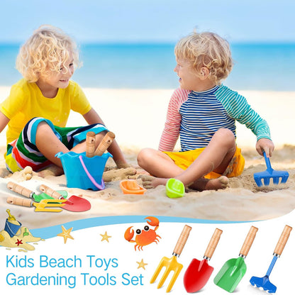 12 Pcs 8" Kids Gardening Tools, Metal Beach Sandbox Digging Toys with Wooden Handle, Including Shovel, Rake, Fork and Trowel, Garden Sand Snow Tools for Children Gift Outdoor Gardening
