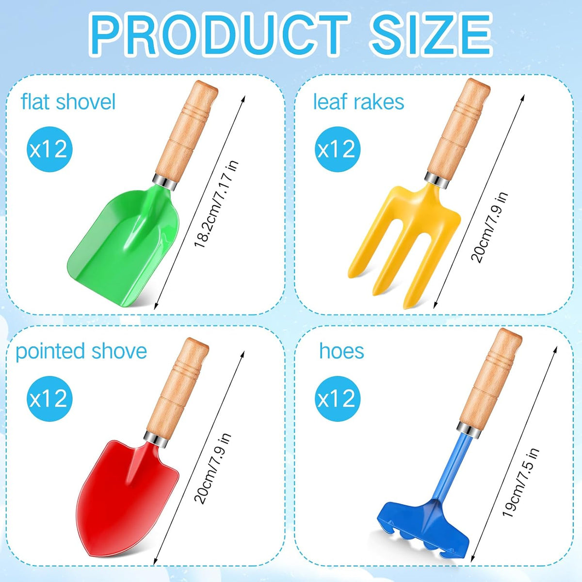 12 Pcs 8" Kids Gardening Tools, Metal Beach Sandbox Digging Toys with Wooden Handle, Including Shovel, Rake, Fork and Trowel, Garden Sand Snow Tools for Children Gift Outdoor Gardening